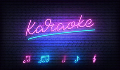 Wall Mural - Karaoke neon template. Neon sign with Karaoke lettering and music notes