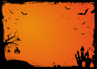 Wall Mural - Halloween blank background with gradient orange grunge border, bat, pumpkin