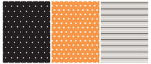 Seamless Vector Patterns With White Dots, Diamonds And Stripes Isolated On A Light Gray, Black And Orange Background.Simple Geometric Repeatable Design. Simple Dotted Print. Black-White Striped Art.