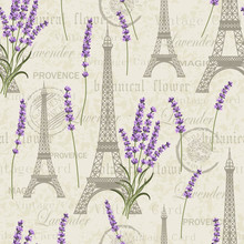 Seamless Floral Pattern With Eiffel Towers On Vintage Postcard Background. Vector Illustration