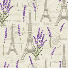 Seamless floral pattern with Eiffel towers on vintage postcard background. Vector illustration