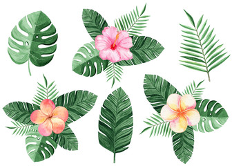  watercolor color tropical flowers and palm leaves compositions set on white background
