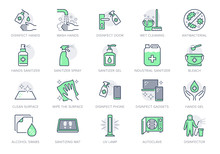 Disinfection Line Icons. Vector Illustration Included Icon As Spray Bottle, Floor Cleaning Mop, Wash Hand Gel, Autoclave Uv Lamp Outline Pictogram For Housekeeping Green Color, Editable Stroke