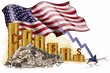 America at risk, economic decline, disruption, bankruptcy. Hard time for the USA, global Financial crisis.Economy falling,budget recession, depression.Arrow down cracked bank,gold coins money,flag.
