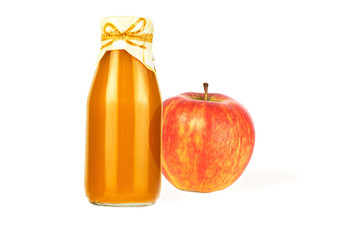 Poster - a bottle of apple juice and a ripe apple isolated on a white background