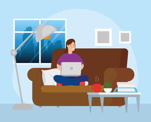 Sticker - woman working in telecommuting sitting in couch with laptop vector illustration design