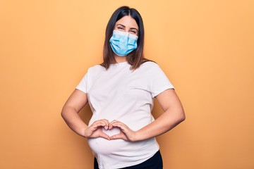 Poster - Young pregnant woman mother to be wearing protection mask for coronavirus disease smiling in love doing heart symbol shape with hands. Romantic concept.