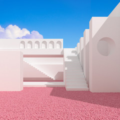Fototapete - Minimal style of architectural buildings with stairs and gravel, Architecture idea with shade and shadow on wall. 3D rendering.