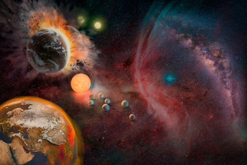 Wall Mural - landscape of planet, sunrise, earth and milky way view from space. (elements of this image furnished
