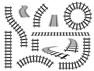 railroad tracks. straight, wavy and curved rails railway top view, ladder elements. steel bars laid,