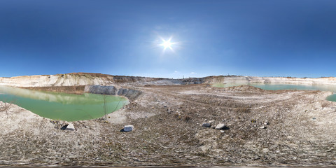 Wall Mural - full seamless hdri panorama 360 degrees angle view near quarry flooded with water for sand extraction mining in sunny day with clear sky in equirectangular spherical projection for VR AR content