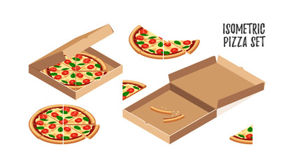 Tasty pizza margherita with tomato, cheese, basil isometric set. 3d slicesand food crusts in opened carton box. Flat fast food icon collection. Vector illustration for web, advert, menu, app