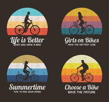 People On Bikes. Retro Backgrounds Set. Cyclist On Bicycle Silhouette