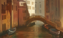 A Digital Illustration Of A Beautiful Canal In Venice While No People And Transportation With Brushstroke Texture Style.