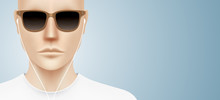 Woman With Brown Classic Sunglasses And Earbuds, Standing On A Gray Gradient Background. Closeup Shot Of A Female Person, Wearing Fashion Glasses And Listening To Music. Vector Fashion Background.