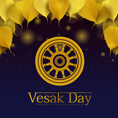 Vesak day banner - gold Dharmachakra Wheel of Dhamma sign on blue background with gold bodhi leaves and light bokeh on top vector design