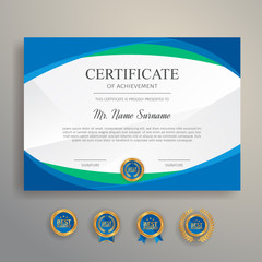 Modern simple certificate in blue and green color with gold badge and border vector template