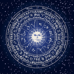 Wall Mural - Vector circle of Zodiac signs with icons, names, constellations, the Sun and magic runes written in a circle on the background of the starry sky. Horoscope symbols for astrological predictions
