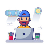 Fototapeta Dinusie - Man Working On Laptop Vector Icon Illustration. Work From Home Mascot Cartoon Character. People Icon Concept Isolated. Flat Cartoon Style Suitable for Web Landing Page, Banner, Flyer, Sticker, Card