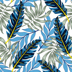  Trending seamless pattern with blue and grey tropical plants and leaves on a white background. Abstract pattern with leaves. Hand draw texture. Vector template. Jungle leaves.