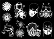 Graphical set of virus elements isolated on black background, vector engraved  illustration