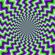 Optical motion illusion vector background. Green purple wavy striped pattern move around the center.