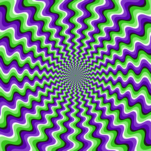 Optical Motion Illusion Vector Background. Green Purple Wavy Striped Pattern Move Around The Center.