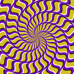 Wall Mural - Optical motion illusion vector background. Yellow purple spiral pattern move around the center.