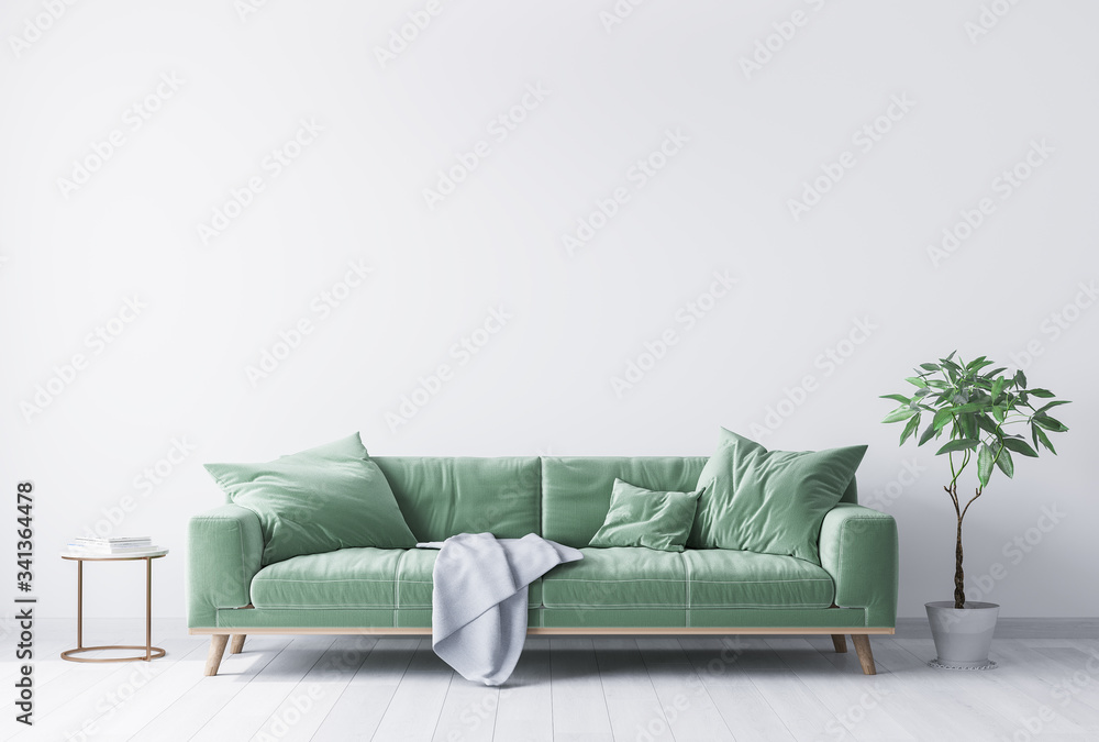 interior house with simple white background mock up. green velvet sofa with grey plaid on . modern space concept. 3d render. Illustration - obrazy, fototapety, plakaty 