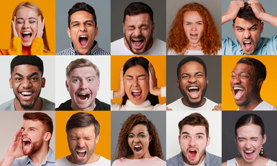 expressing anger. collage with diverse people screaming, showing negative emotions, color baclground