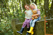 © Westend61 - Children sitting on stone wall in forest