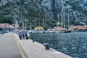 Sunny morning panoramic view of mountains of Kotor bay, Montenegro.