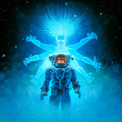 Wall Mural - call of the space siren / 3d illustration of science fiction scene with astronaut encountering lumin