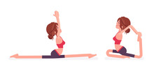 Young Yogi Woman Practicing Yoga, Doing Monkey God, Splits, Hanumanasana Pose And One Legged King Pigeon, Eka Pada Rajakapotasana Exercise For Healthy Workout. Vector Flat Style Cartoon Illustration