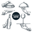 Waiters hands holding trays. Vector hand drawn sketch illustration. Restaurant menu, catering service design elements