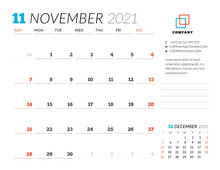 Corporate Design Planner Template For November 2021. Monthly Planner. Stationery Design. Week Starts On Sunday.