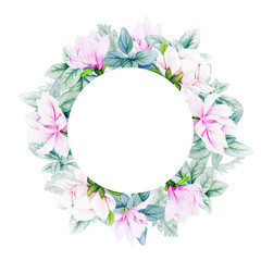 Sticker - Round banner with watercolor magnolia flowers and leaves