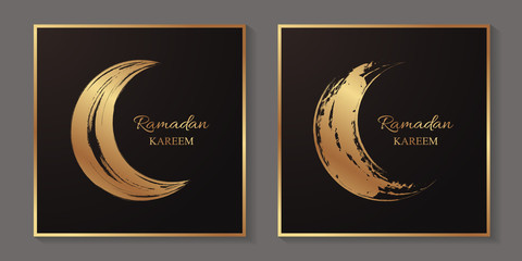 Set of two greeting cards for ramadan with golden grunge moon on a black background.