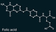 Folic acid, folate molecule. It is known as vitamin B9. Skeletal chemical formula on the dark blue background