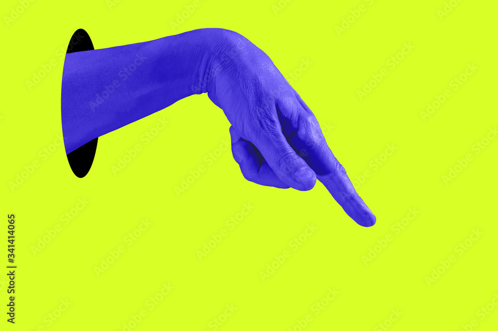 Hand in a pop art collage style in neon bold colors. Modern psychedelic creative element with human palm for posters, banners, wallpaper. Copy space for text. Magazine style template. Zine culture. - obrazy, fototapety, plakaty 
