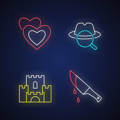 Poster - Popular movie types neon light icons set. Romantic films, detective mystery, fantasy and thriller signs with outer glowing effect. Cinematography genres. Vector isolated RGB color illustrations