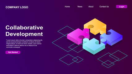 Collaborative development, isometric business concept vector. Color puzzle elements or icons on ultraviolet background. Teamwork, cooperation, partnership and trust concept EPS