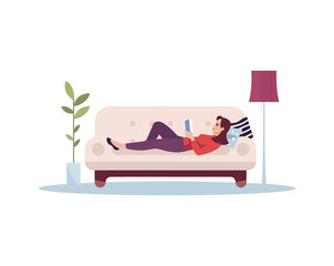 Poster - Woman lie on couch semi flat RGB color vector illustration