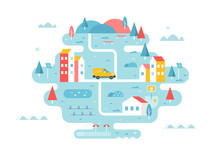 Delivery Service. Rural Area Or Town Illustrated Map With Roads And Buildings. Tourism And Development Concept. Vector Flat Design