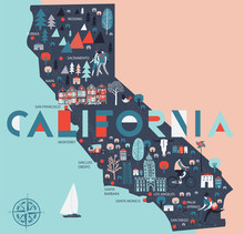 Cartoon Map Of California. USA. Print Design
