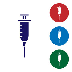 Sticker - Blue Syringe icon isolated on white background. Syringe for vaccine, vaccination, injection, flu shot. Medical equipment. Set icons in color square buttons. Vector Illustration