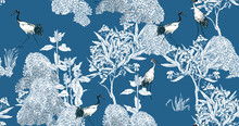 Black Tail Cranes In Oleander Garden Exotic Floral Trees, Floral Nature Seamless Pattern White On Blue Background, Chinoiserie Chinese Print Wildlife In Flowers