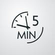 Icono plano lineal reloj con texto 5 min en fondo gris