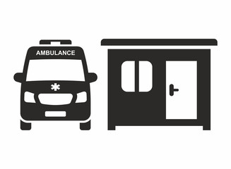 Coronavirus testing site. Ambulance icon. Coronavirus (COVID-19) pod. Vector icon isolated on white background.