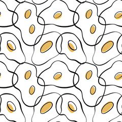  Vector seamless pattern scrambled eggs in the style of doodle, cartoon, minimalism, trend. Food, breakfast, proper nutrition, vegetarian. Use as wallpaper, wrapping paper, textile, clothing,  design, 